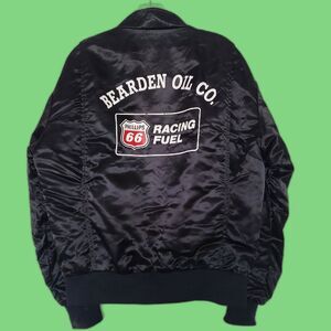 Vtg Phillips 66 Racing Fuel Black Satin Bomber Jacket Westark M Thrashed USA
